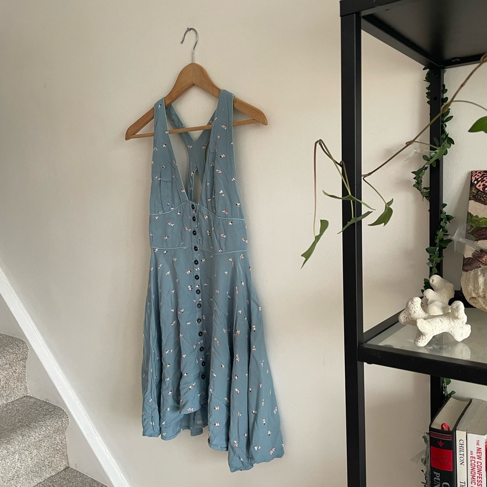 Fairycore Blue Floral Button-Front  Feminine Coquette Boho Mini Dress Small